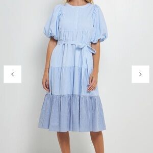 English Factory Puff Sleeve Round Neckline Midi Stripes Tiered Blue Dress Size S